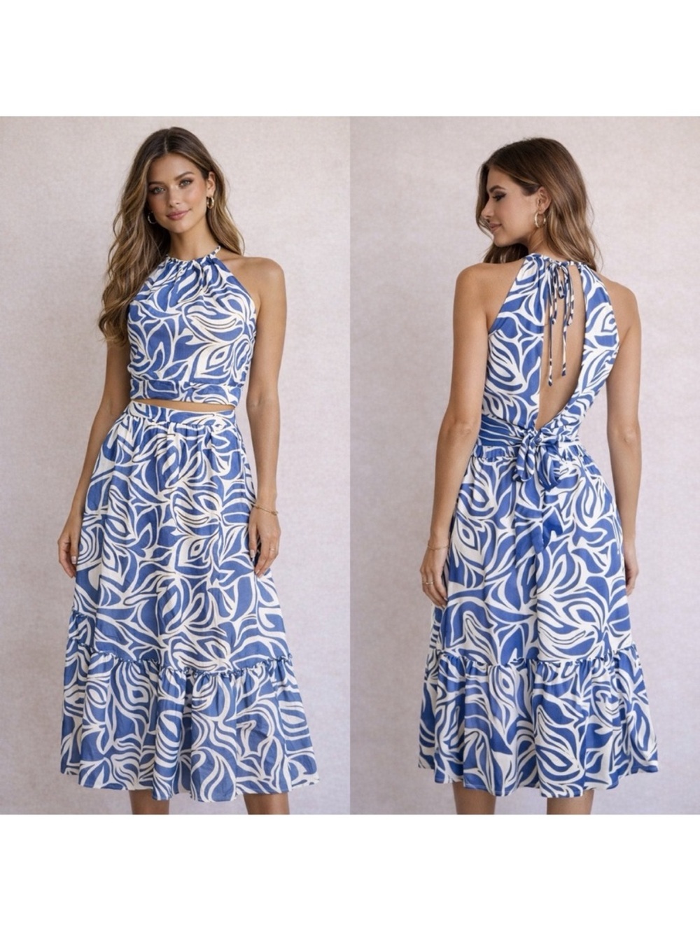 1. State Blue & White Printed Halter Midi Skirt
